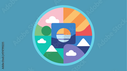 A whimsical interpretation of a circular icon representing a photoediting app filled with layers of images transforming from raw to edited.