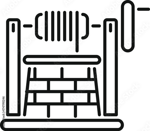Traditional spinning machine processing fiber with rotating handle and wooden structure with steps