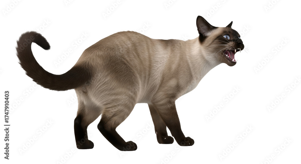 Obraz premium Isolated Siamese cat, angry and hissing, showing teeth and fangs, in aggressive posture