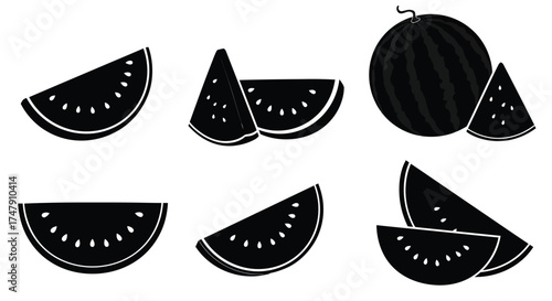 Black and white illustration of a whole watermelon and its sliced pieces