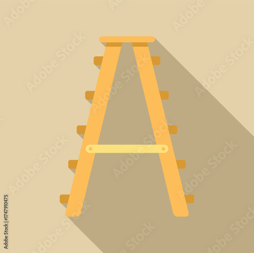 Simple wooden step ladder standing on a beige background, casting a long shadow, representing concepts of construction, diy, and reaching new heights