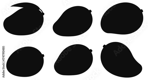Illustrative black silhouettes of various mango shapes and sizes displayed together
