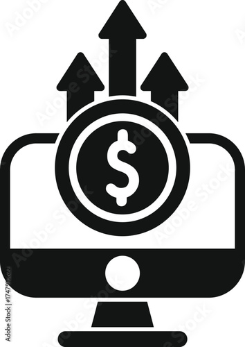 Dollar coin with three upward trending arrows on computer screen representing increasing online earnings