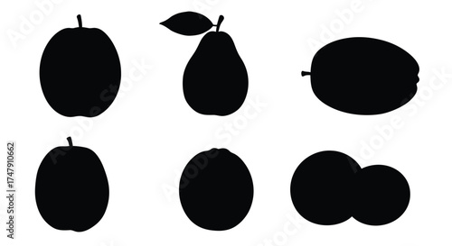 Silhouettes of various fruits including apples pears and citrus