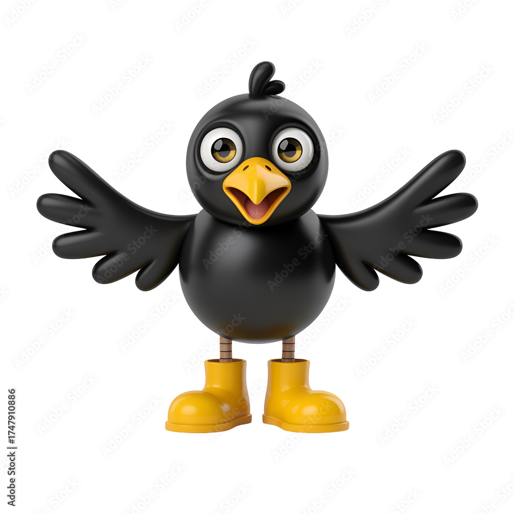 Obraz premium A cute cartoon black bird with big eyes and yellow boots, isolated on transparent background
