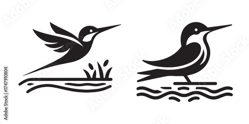 Modern Minimalist River Bird Icon, Flat Silhouette of a Waterfowl Vector for Nature Illustration Design