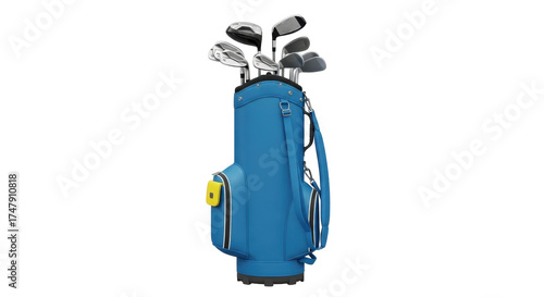 Schilderij op canvas Isolated blue golf bag filled with clubs stands upright, awaiting the next tee-o