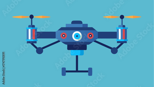 An advanced drone design featuring multiple rotors equipped with a highdefinition camera and an interface indicating flight duration and battery life.