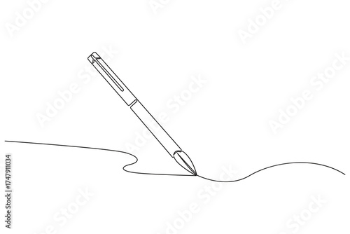 Minimalist line drawing of a pen writing a smooth curve in black and white continuous style illustration