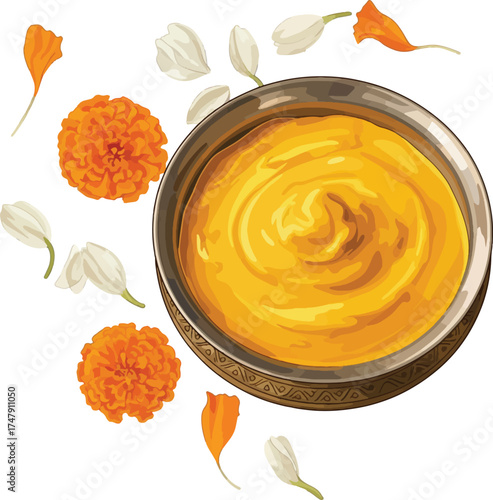 Ghee in Haldi Bowl with Marigold Flowers