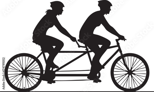 Tandem Bicycle Silhouettes Two Seater Two Riders Side View Black and White