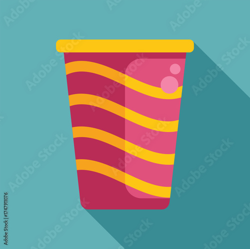 Refreshing beverage in a pink and yellow striped paper cup with bubbles, ideal for representing summer drinks and refreshment