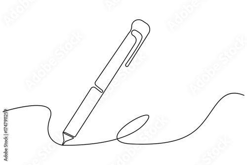 Elegant pen sketching a curved line in modern single line art style on white background