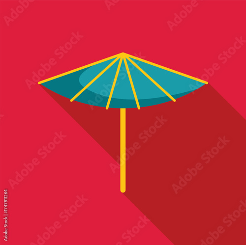 Classic japanese umbrella with blue canopy and yellow handle, creating a long shadow on a vibrant red background