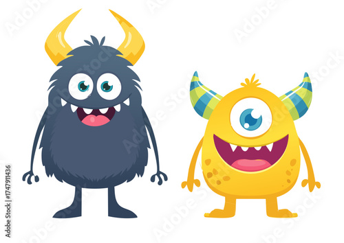 Halloween monsters characters vector set design. Halloween cute colorful monster character in happy, joyful, fun, cheerful facial expressions and horror emoticon in white isolated background. Vector