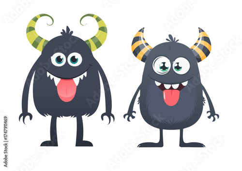 Halloween monsters characters vector set design. Halloween cute colorful monster character in happy, joyful, fun, cheerful facial expressions and horror emoticon in white isolated background. Vector