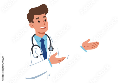 Young Male Doctor in White Coat Explaining - Vector Design