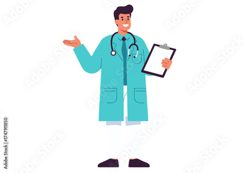 Male Doctor with Clipboard in Blue Medical Coat - Vector Illustration