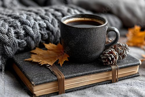 Cozy Autumn Still Life with Coffee Mug, Autumn Leaves, and Knit Blanket for Seasonal Home Decor