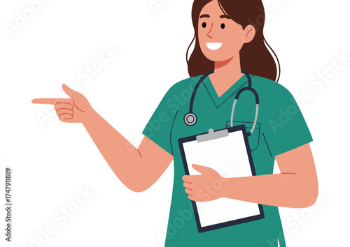Female Doctor Pointing with Smile - Flat Vector Illustration