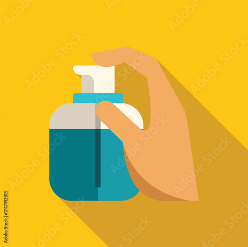 Hand using a blue and white pump dispenser bottle on a yellow background, ideal for hygiene and cleanliness concepts