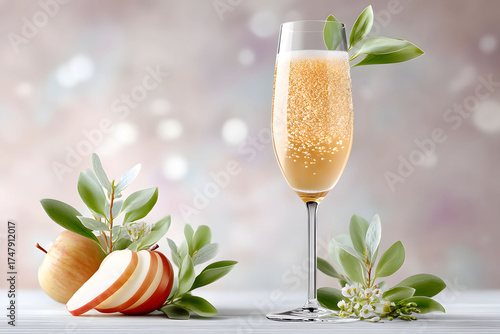 Elegant Sparkling Drink with Sliced Apples and Greenery for a Refreshing Celebration