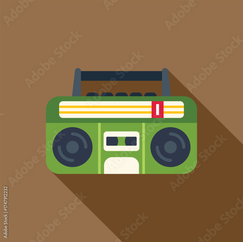 Green vintage boombox playing music with cassette tape inserted and long shadow on brown background