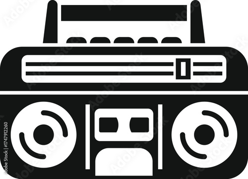 Black and white illustration of a portable boombox playing music with a cassette tape inside, representing retro audio technology