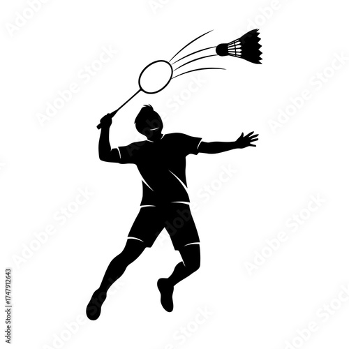 Silhouette of a badminton player hitting a shuttlecock