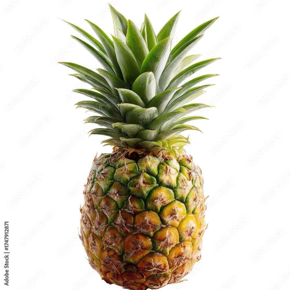 Fototapeta premium A fresh, whole, ripe pineapple stands upright, showcasing its spiky green crown and golden-brown, textured body against a solid transparent background. background removed