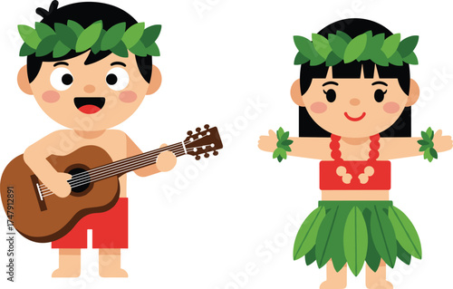Cartoon Hawaiian children in traditional costume with guitar and hula dance, tropical island kids vector illustration on white background.