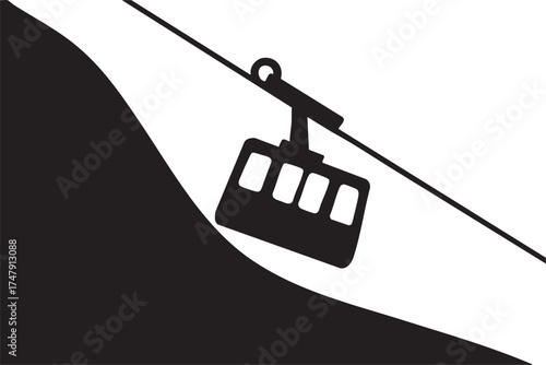 Cable Car Silhouettes Ascending Steep Hill Side View Black and White