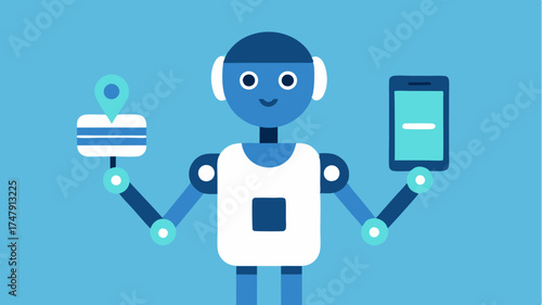 A humanoid robot holding a smartphone displaying an incoming message from an AI assistant with icons representing various tasks.