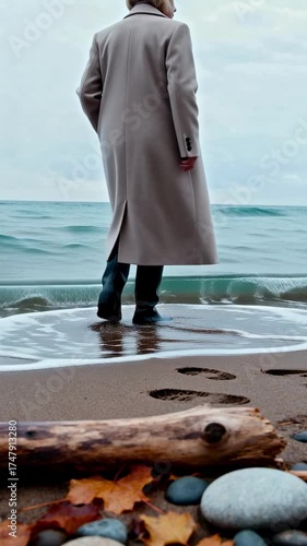 Woman in Long Coat and Boots Contemplates the Autumn Ocean on a Tranquil Beach