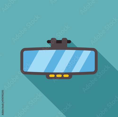 Rearview mirror reflecting light blue sky, attached to windshield with clip, featuring yellow buttons and long shadow on a turquoise background