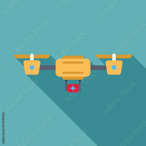 Quadcopter drone carrying first aid kit, providing fast medical assistance in emergency situations