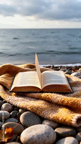Peaceful Autumn Reading by the Sea: Open Book with Pages Turning in Gentle Breeze