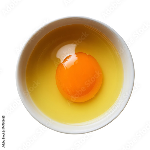 Raw egg in white bowl isolated on transparent background