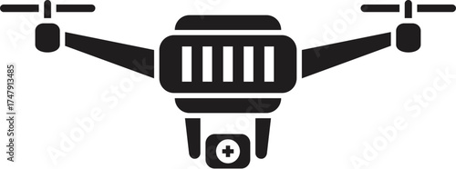 Black silhouette of drone carrying first aid kit, representing medical supply delivery