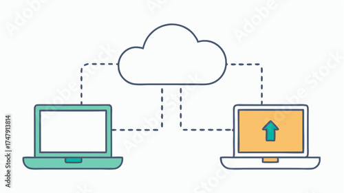 Two laptops synchronizing data with a central cloud represented by arrows showing the inflow and outflow of information in a seamless workflow.