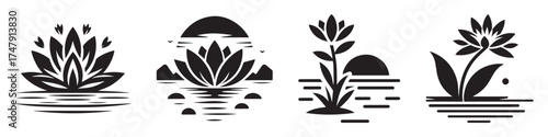 Nature Landscape Outdoor Silhouette River Lotus Icon, Flat Silhouette of a Scenic Waterscape Vector for Tranquil Illustration Design