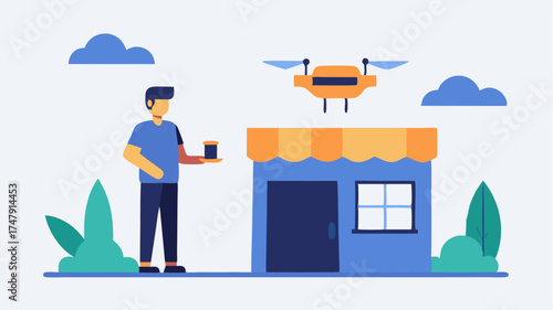 A small business owner receiving a drone delivery in front of their store illustrating the positive impact on small enterprises.