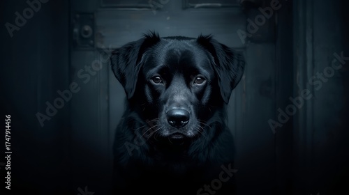A black dog with completely black eyes stands at a worn wooden back door, surrounded by an aura of mystique