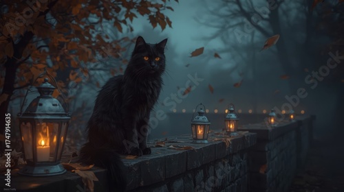 Cinematic digital painting of a mystical black cat with glowing amber eyes sitting on an old stone wall