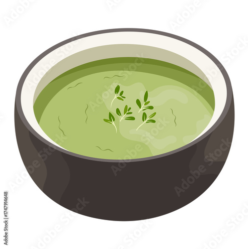 Creamy Green Soup in Bowl Illustration Isolated on White Background