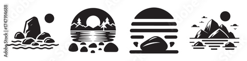 Nature Landscape Outdoor Lake Stone Icon, Flat Silhouette of a Scenic Waterside Vector for Adventure Illustration Design
