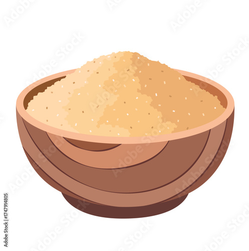 Brown Sugar in Wooden Bowl Illustration Isolated on White Background