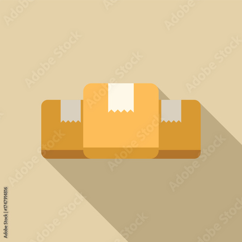 Three closed cardboard boxes sealed with adhesive tape casting a long shadow on a light brown background