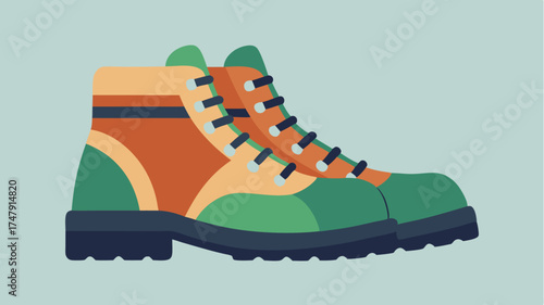 An illustration of a pair of sy hiking boots with rugged soles showcasing the lacing system and ankle support features.