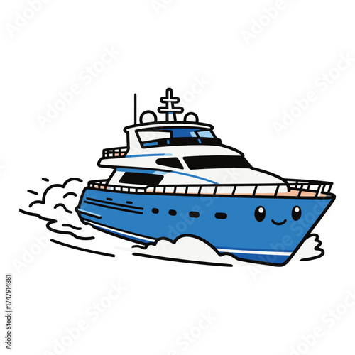 Cute Cartoon Blue Luxury Yacht or Speed Boat Cruising on Water Illustration